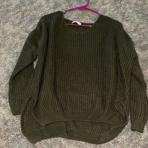 Olive green sweater looks great on. Low neck. Size small fits oversized.